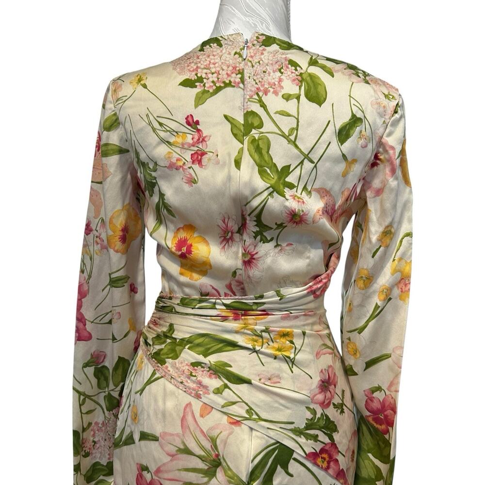 Bill Blass Vintage 80s Silk Floral Sheath Dress Ruched Waist Long Sleeve XS - Picture 7 of 13